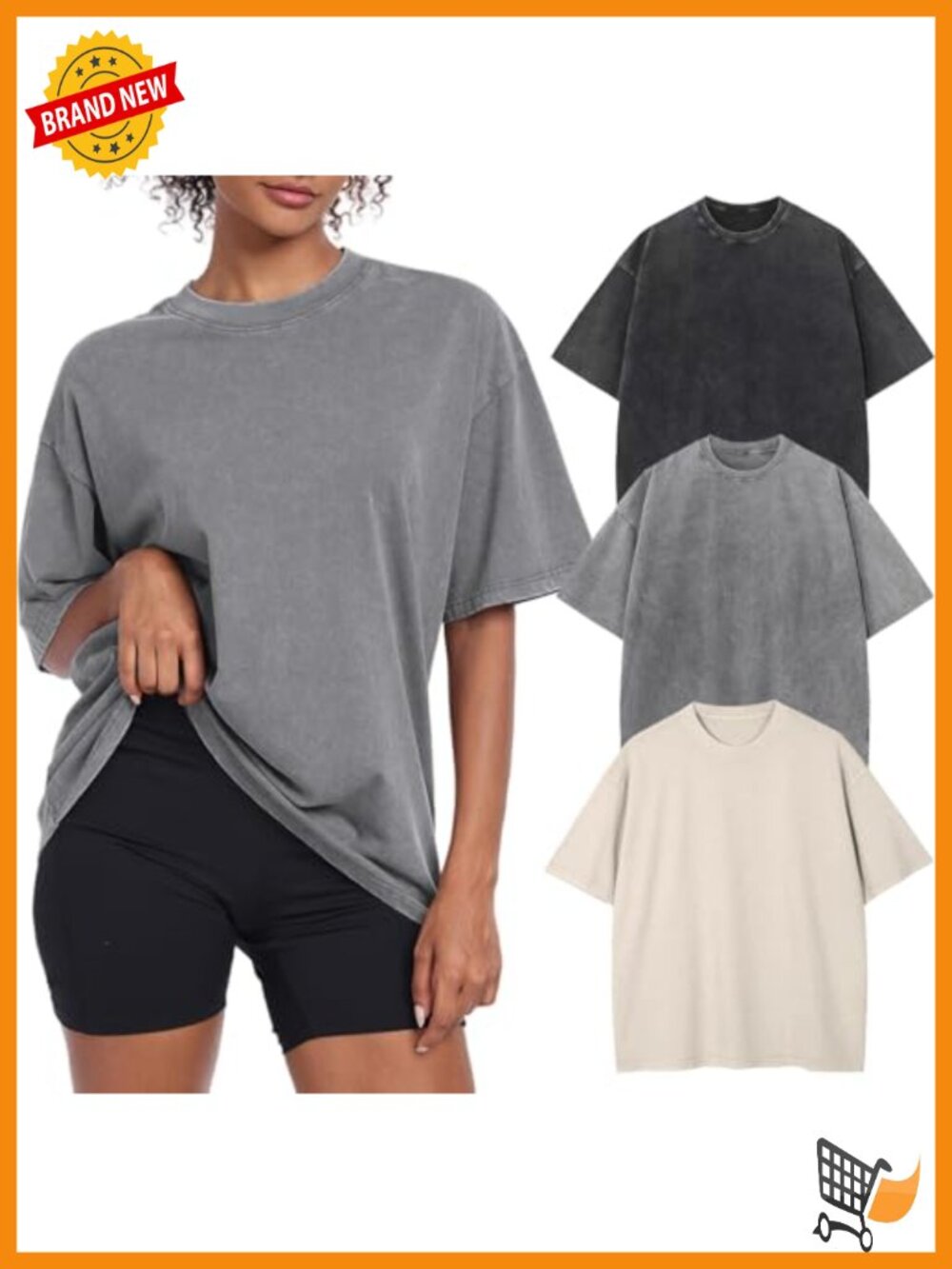 Womens Oversized Acid Washed Cotton Baggy Tee Crewneck Short Sleeve Workout Gym